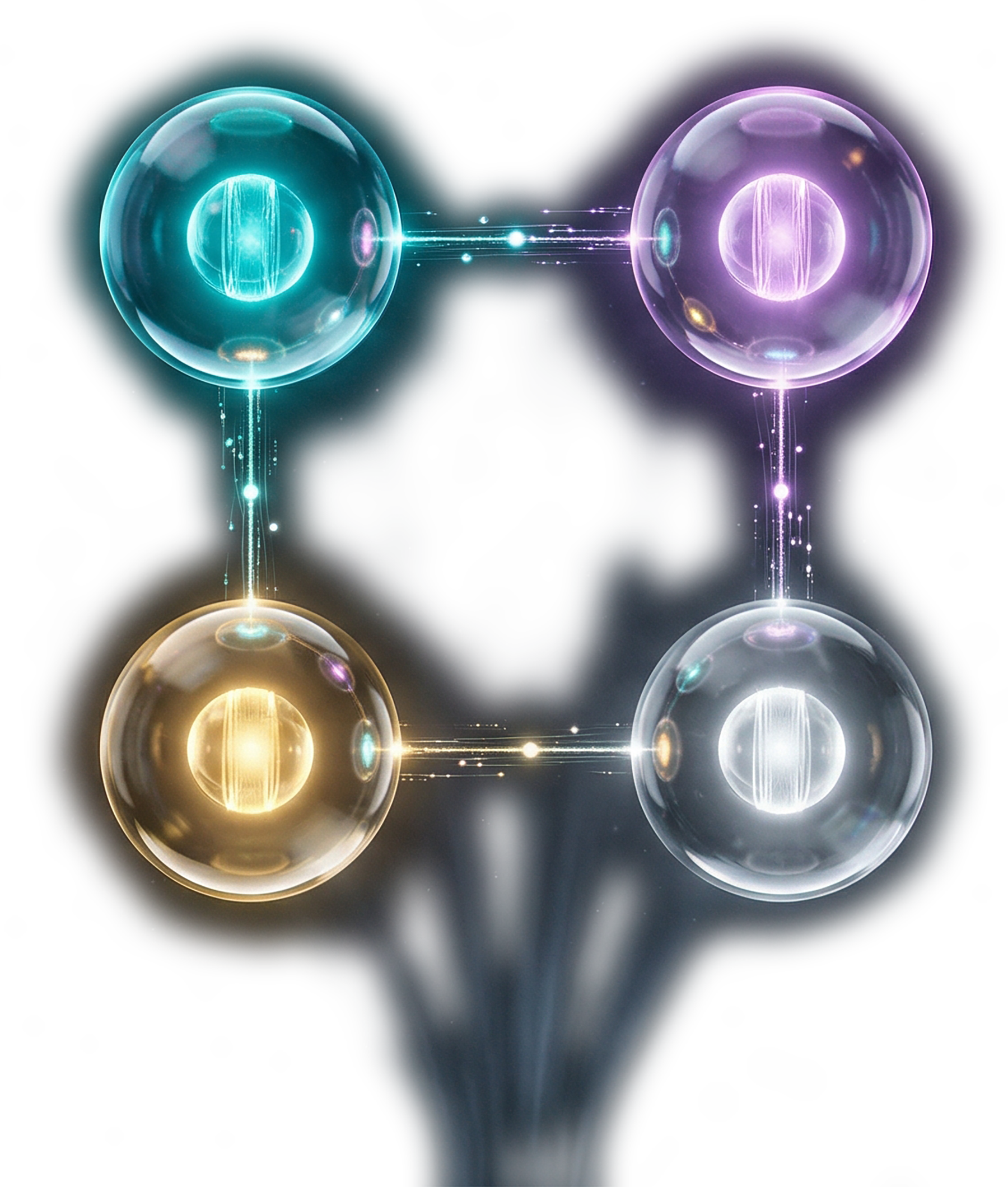 Four AI engines connected by light beams — MegaBot consensus visualization